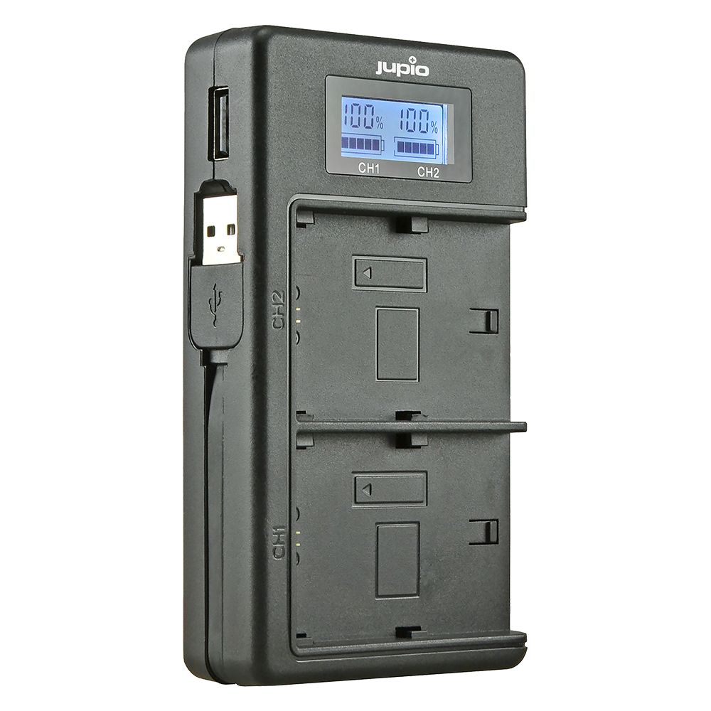 Jupio USB Duo töltő LCD kijelzővel Sony NP-FM50, NP-F550 / F750 / F970 akkumulátorokhoz