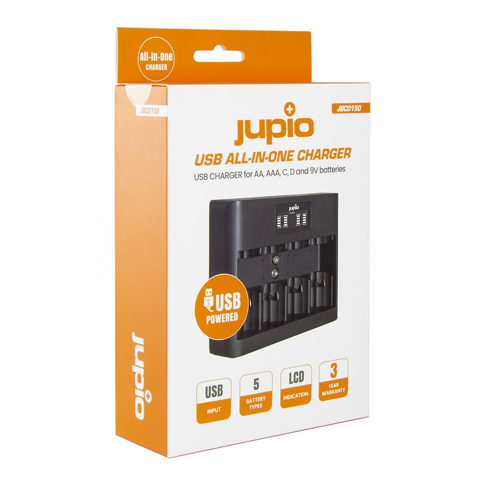 Jupio USB All-In-One töltő (AA/AAA/C/D/9V) LCD visszajelzővel