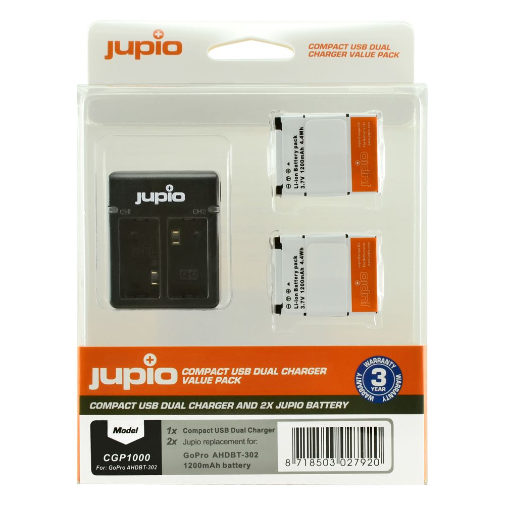 Jupio Value Pack GoPro AHDBT-302 HERO3+ 1200mAh 2db akciókamera akkumulátor + USB dupla töltő