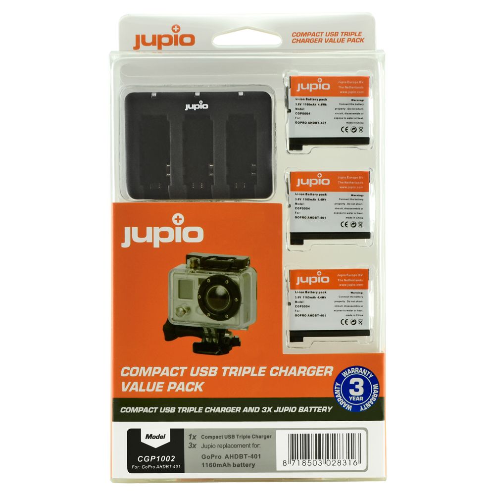 Jupio Value Pack GoPro AHDBT-401 HERO4 1160mAh 3db akciókamera akkumulátor + USB tripla töltő