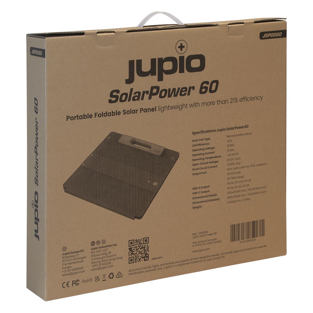 Jupio SolarPower60 hordozható napelem 60W teljesítménnyel és IP67 besorolással