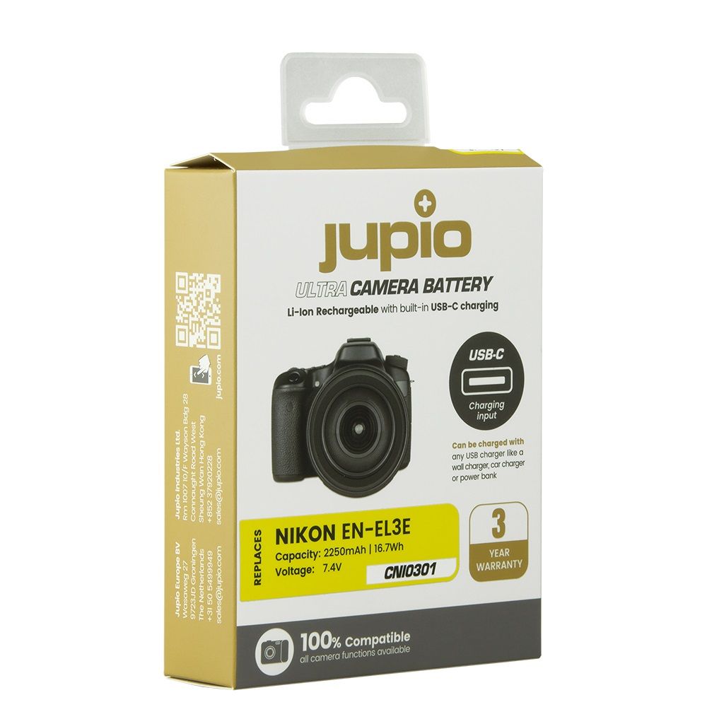Jupio Ultra-C Nikon EN-EL3E 2250mAh fényképezőgép akkumulátor USB-C töltéssel