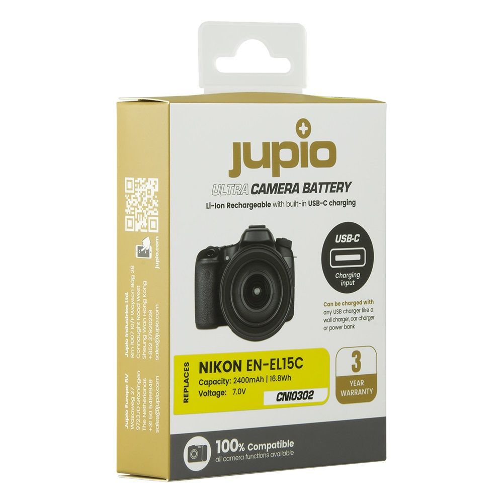 Jupio Ultra-C Nikon EN-EL15C 2400mAh-ás fényképezőgép akkumulátor USB-C töltéssel (kivétel a Nikon Z8-hoz)