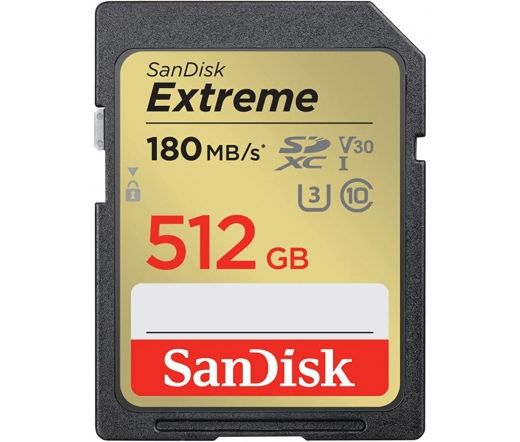 SanDisk Extreme SDXC™ 512GB memóriakártya (180MB/s olvasási / 130MB írási sebesség ) UHS-I, Class 10, U3, V30