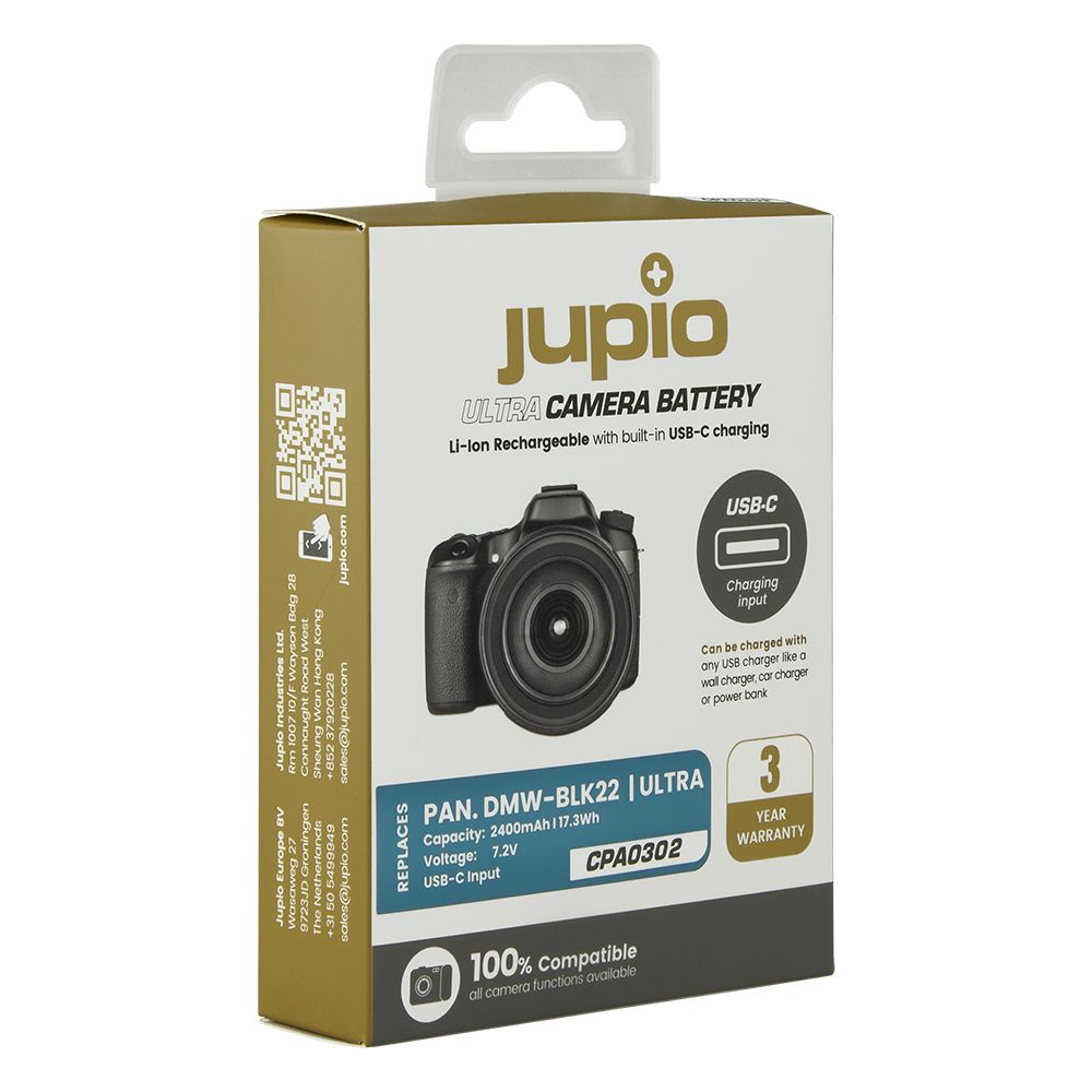 Jupio Ultra-C Panasonic DMW-BLK22 2400mAh fényképezőgép akkumulátor USB -C töltéssel