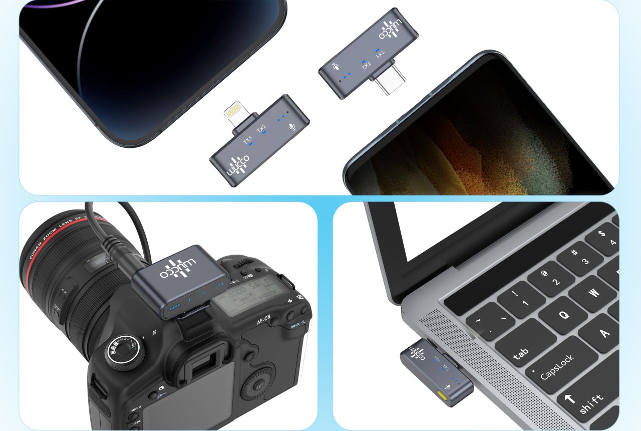 Luucco AirWave K2 Combo vezeték nélküli csíptetős lavalier mikrofon készlet USB-C és Lightning csatlakozóval, mágneses rögzítéssel