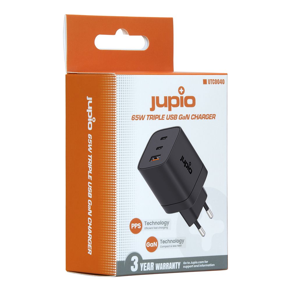 Jupio háromportos GaN töltő 65W (2× USB‑C + 1× USB‑A) Jupio háromportos GaN töltő 65W (2× USB‑C + 1× USB‑A)